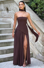 Women's Strapless Halter Maxi Dress with High Slit-12