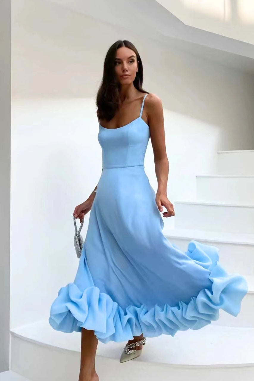 Women's Spaghetti Strap Maxi Dress with Ruffled Hem-11
