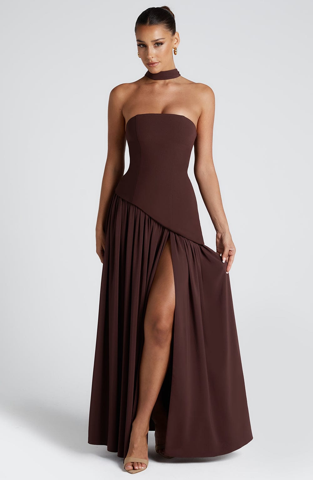 Women's Strapless Halter Maxi Dress with High Slit-11