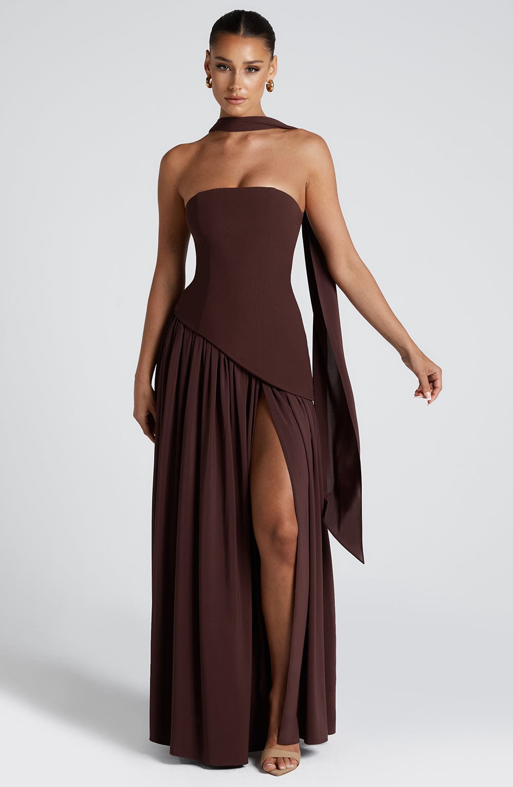 Women's Strapless Halter Maxi Dress with High Slit-5
