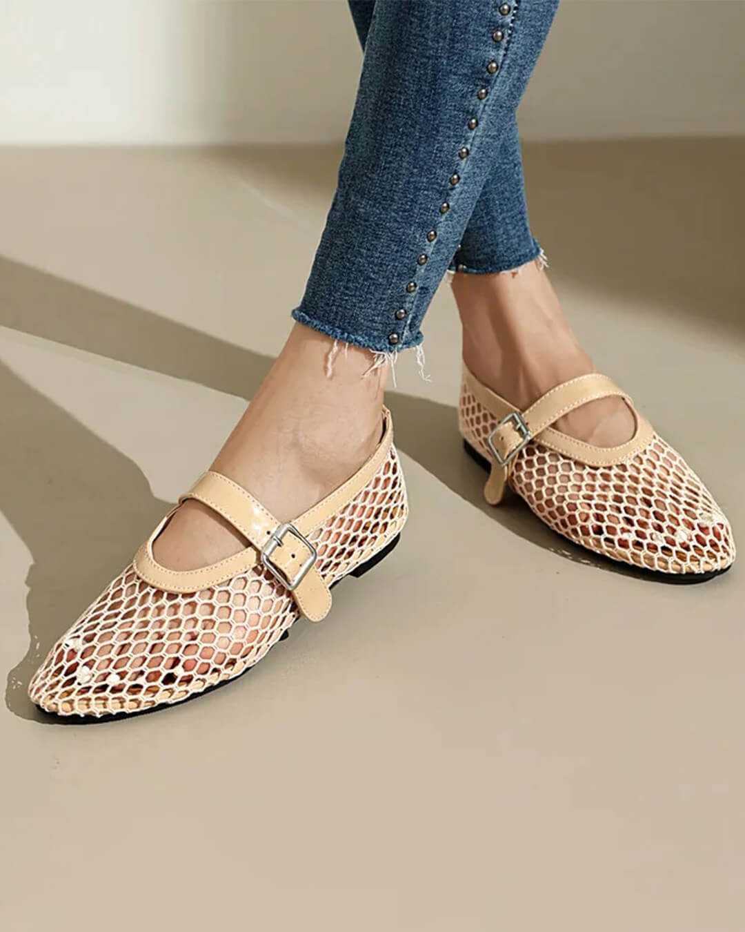 Women's Mesh Mary Jane Flat with Buckle Strap-12
