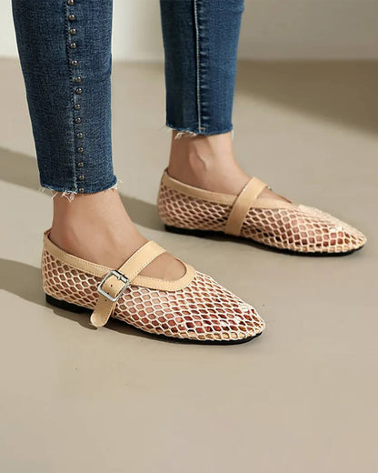 Women's Mesh Mary Jane Flat with Buckle Strap-11