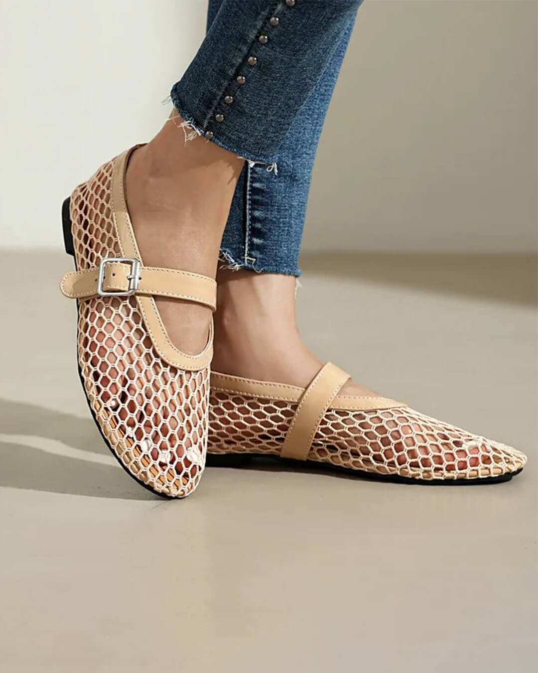 Women's Mesh Mary Jane Flat with Buckle Strap-10