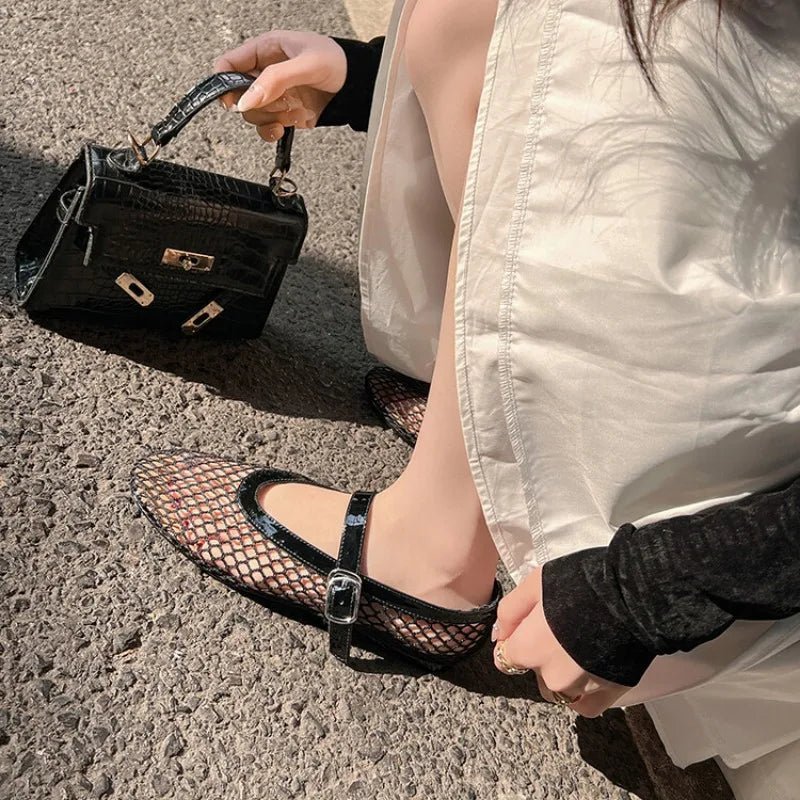 Women's Mesh Mary Jane Flat with Buckle Strap-23