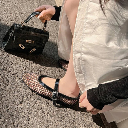 Women's Mesh Mary Jane Flat with Buckle Strap-23
