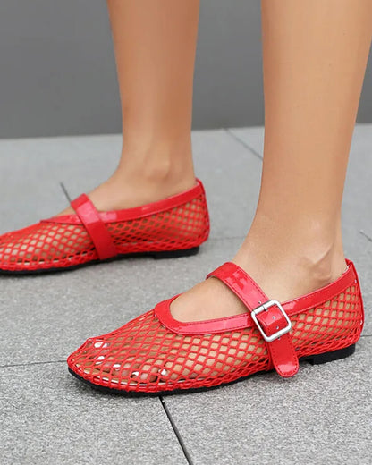 Women's Mesh Mary Jane Flat with Buckle Strap-21