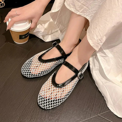Women's Mesh Mary Jane Flat with Buckle Strap-24