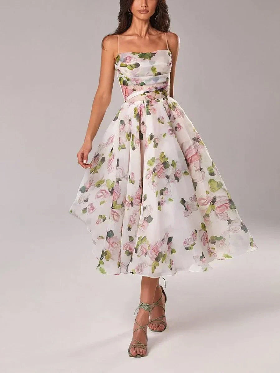 Women's Midi Cocktail Dress With A Bandeau Neckline And Spaghetti Straps-1