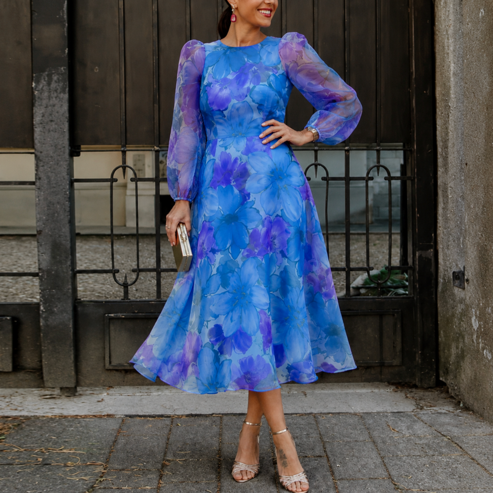 Women's Puff Sleeve Floral Midi Dress