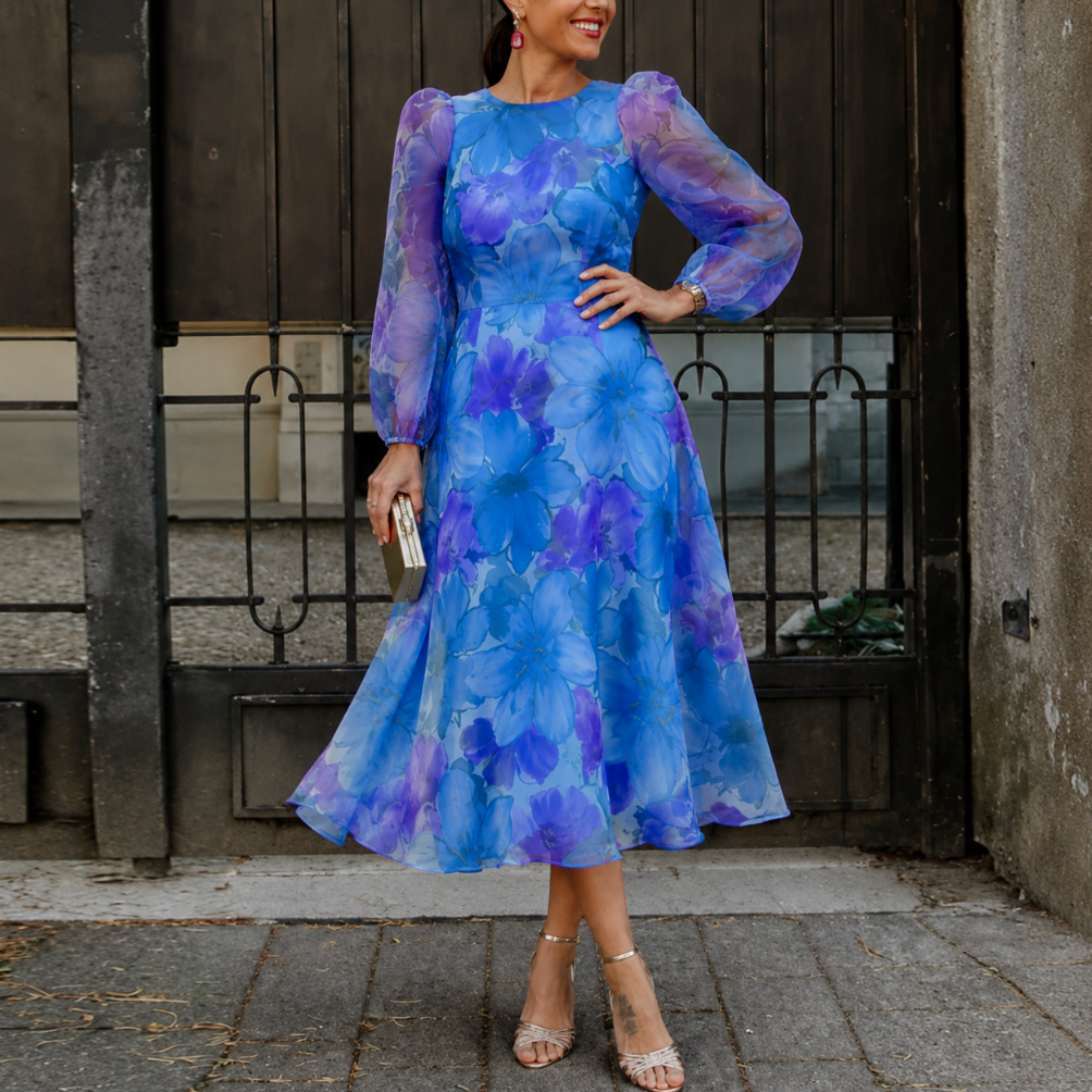 Women's Puff Sleeve Floral Midi Dress