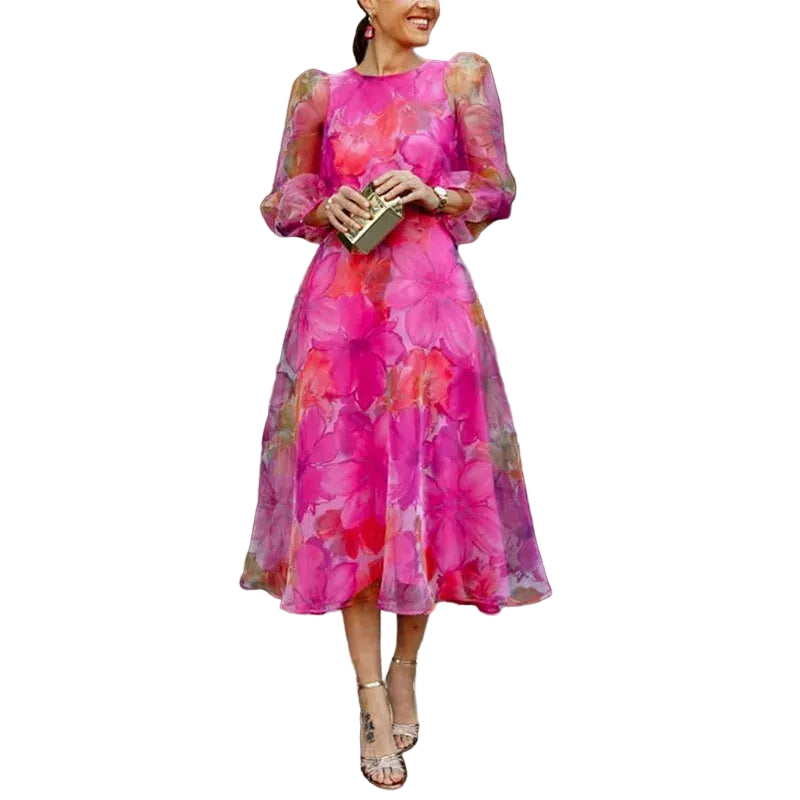 Women's Puff Sleeve Floral Midi Dress-1