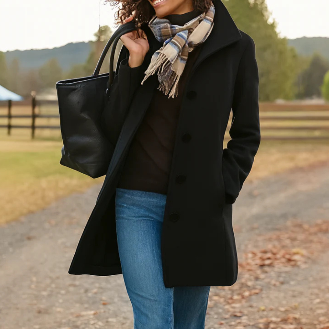 Women's Notch-Collar Single-Breasted Coat - Black