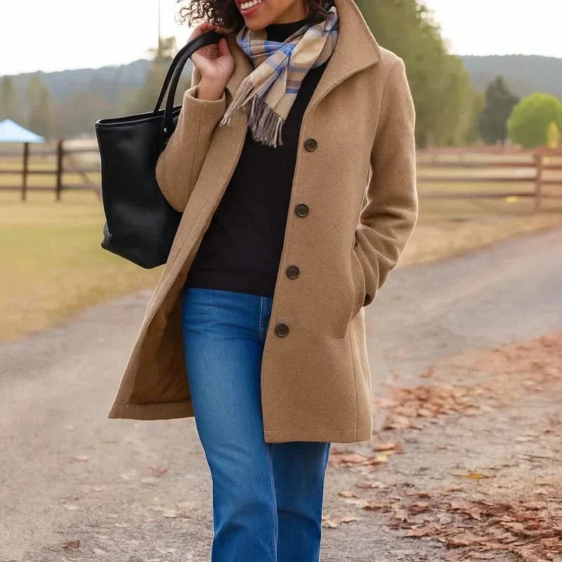 Women's Notch-Collar Single-Breasted Coat - Brown