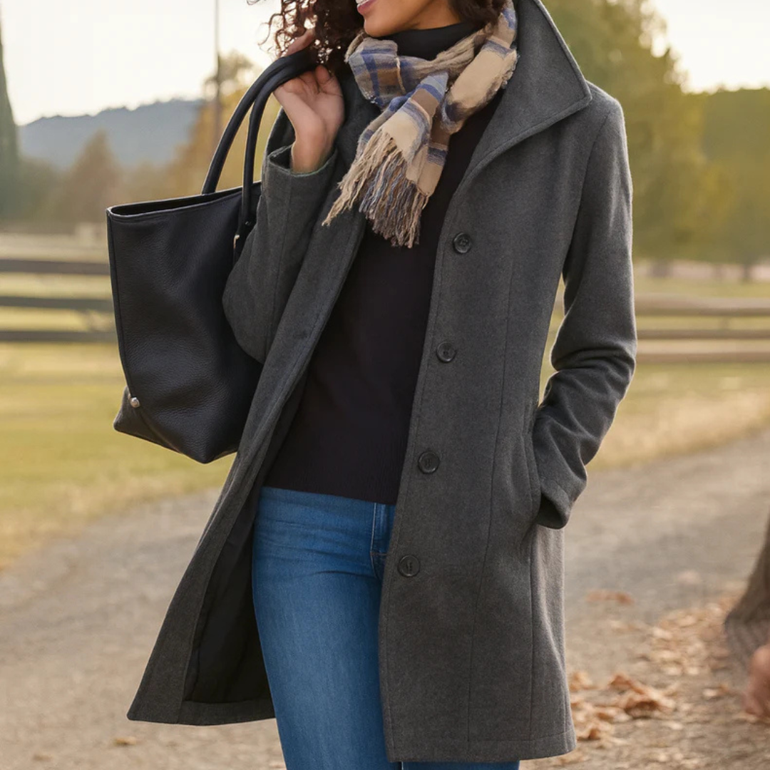 Women's Notch-Collar Single-Breasted Coat - Dark Grey
