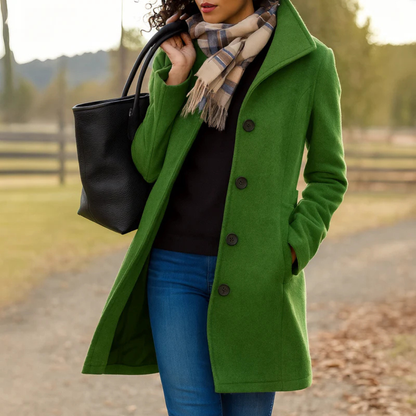 Women's Notch-Collar Single-Breasted Coat - Green