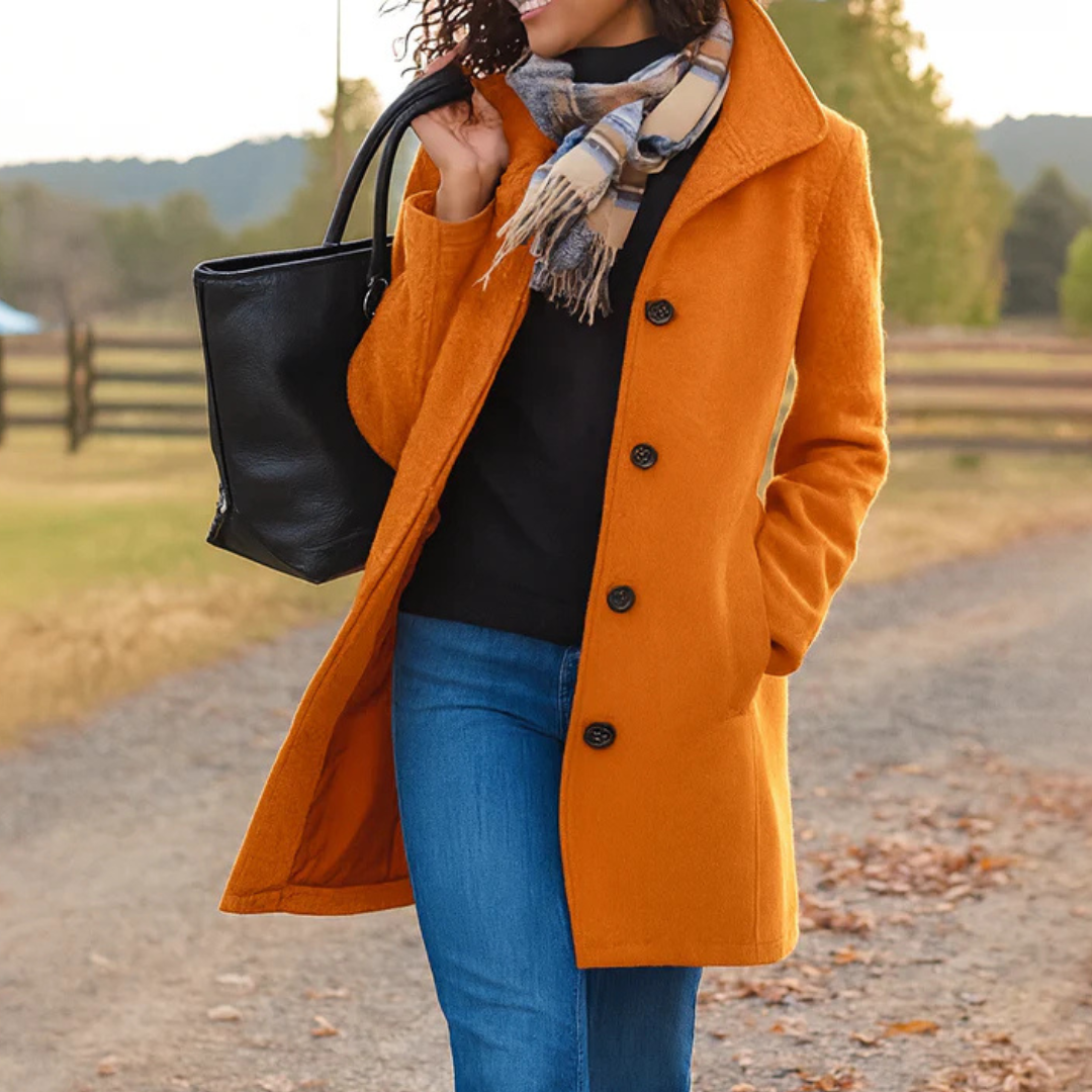 Women's Notch-Collar Single-Breasted Coat - Orange