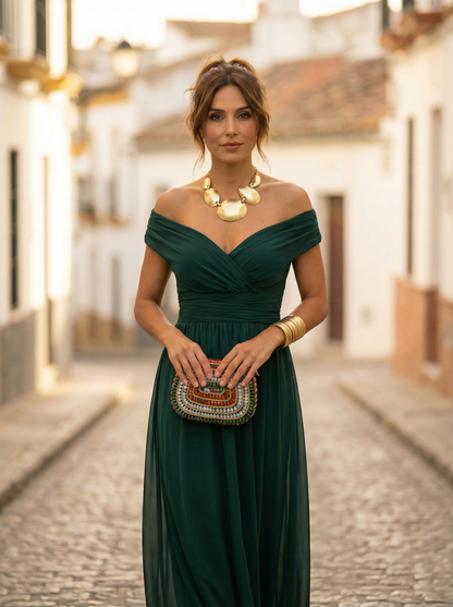 Women's Off-Shoulder Draped Maxi Evening Dress - Green