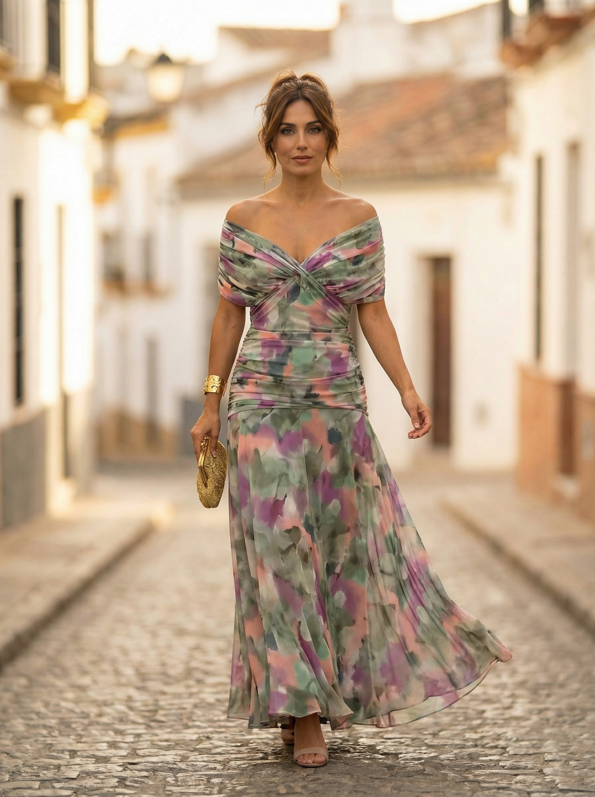 Women's Off-Shoulder Draped Maxi Evening Dress - Green Floral