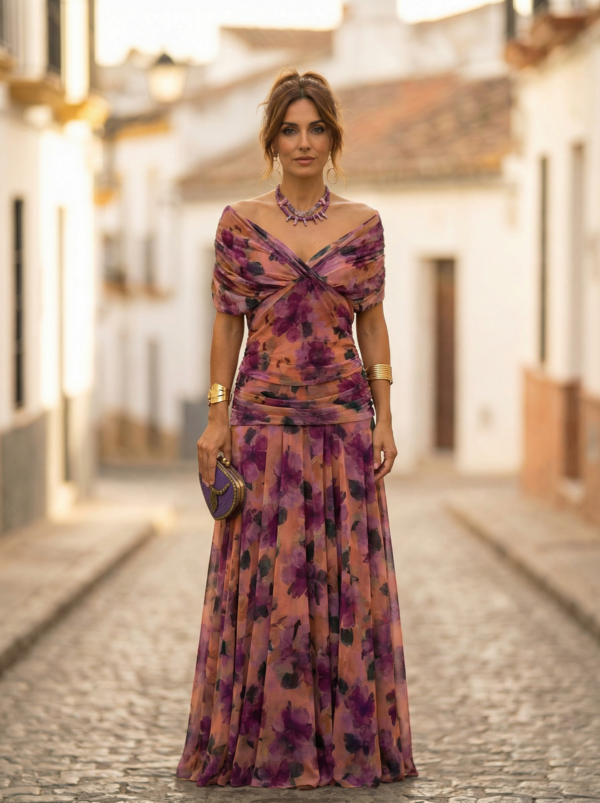 Women's Off-Shoulder Draped Maxi Evening Dress - Purple Floral