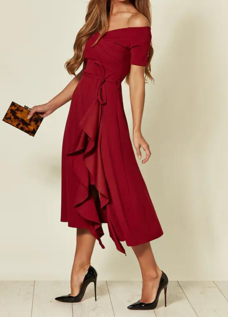 Women's Off Shoulder Formal Midi Dress-4