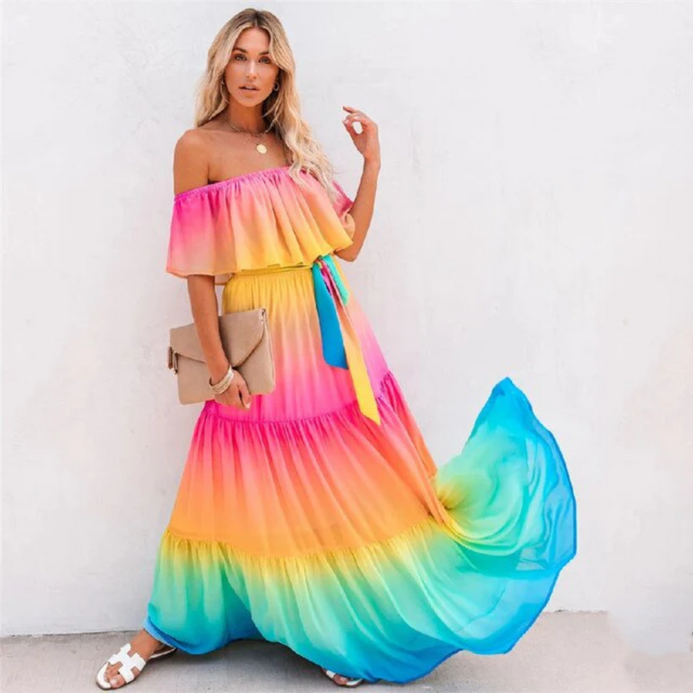Women's Off-Shoulder Rainbow Gradient Maxi Dress-3