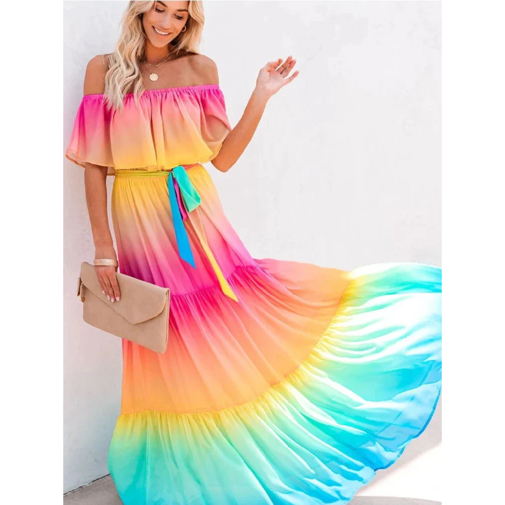 Women's Off-Shoulder Rainbow Gradient Maxi Dress-2