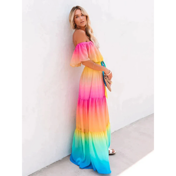 Women's Off-Shoulder Rainbow Gradient Maxi Dress-1