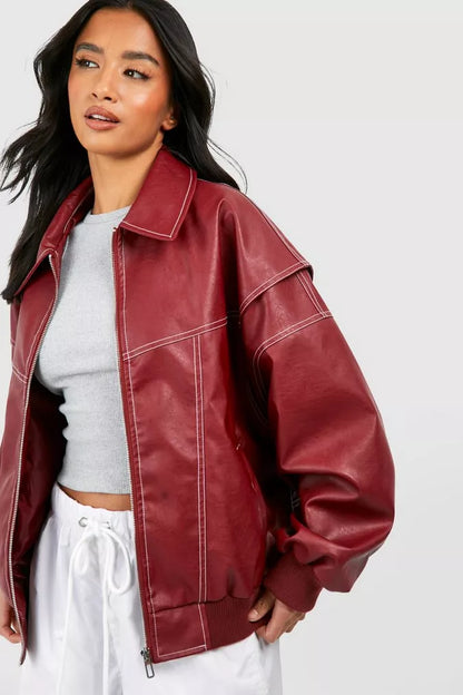 Women's Oversized Leather-Look Jacket - Red