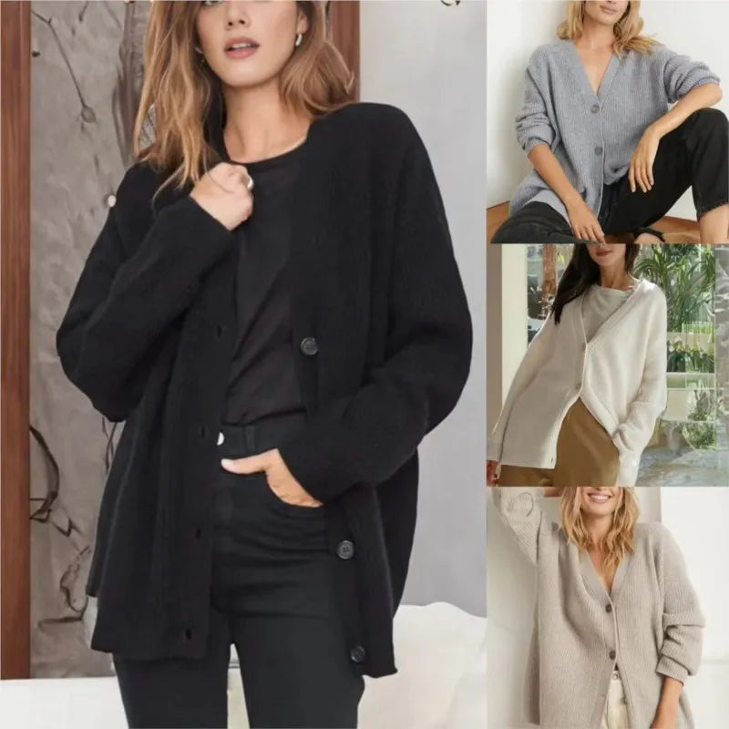 Women's Oversized V-neck Cardigan With Button Fastening-10
