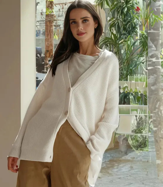 Women's Oversized V-neck Cardigan With Button Fastening-3