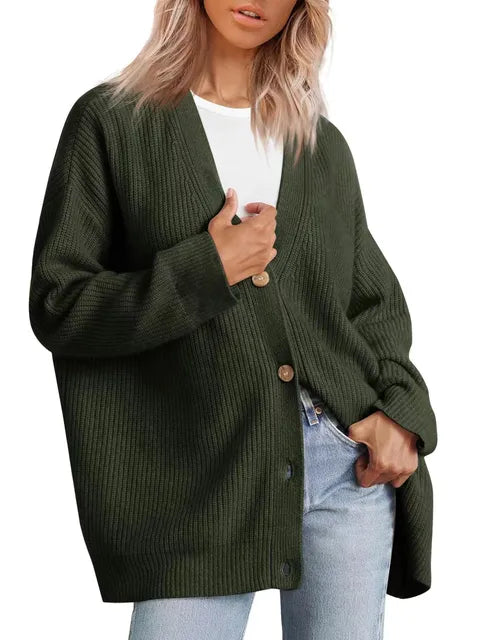Women's Oversized V-neck Cardigan With Button Fastening-6