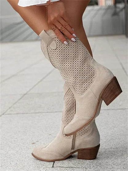 Women's Perforated Cowboy Boots with Block Heel-5
