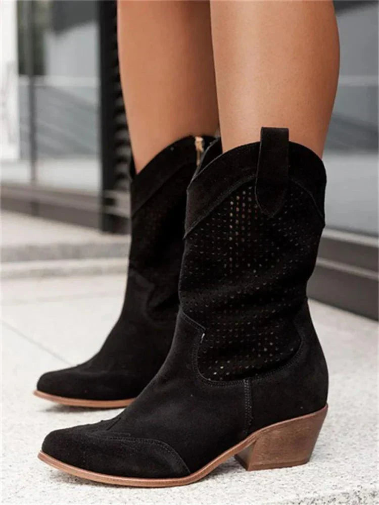 Women's Perforated Cowboy Boots with Block Heel-4