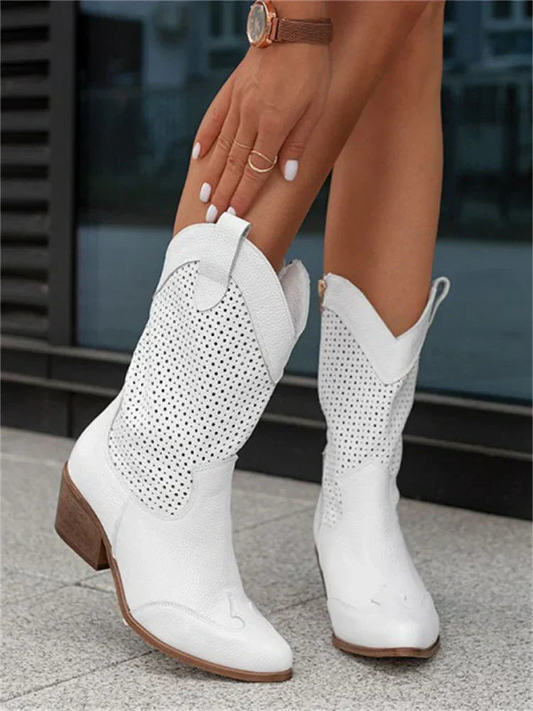 Women's Perforated Cowboy Boots with Block Heel-1