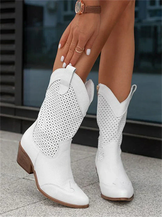 Women's Perforated Cowboy Boots with Block Heel-1
