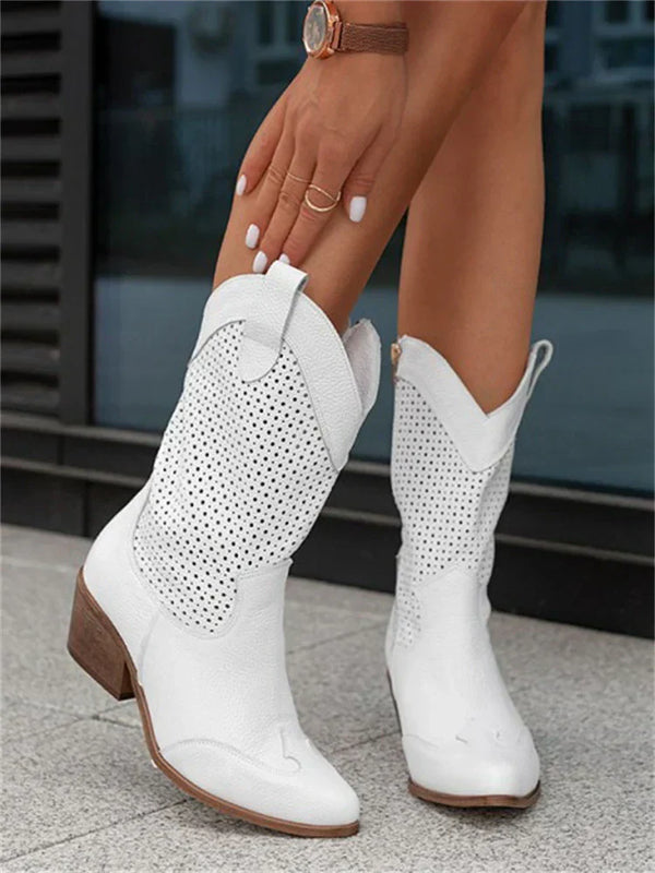 Women's Perforated Cowboy Boots with Block Heel