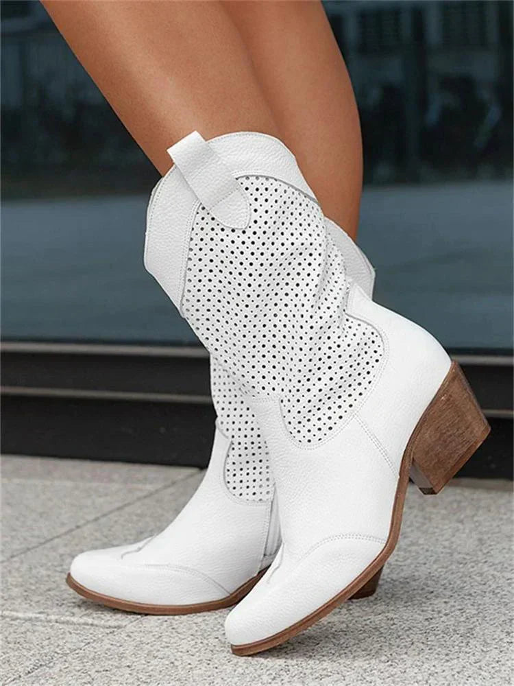 Women's Perforated Cowboy Boots with Block Heel-3