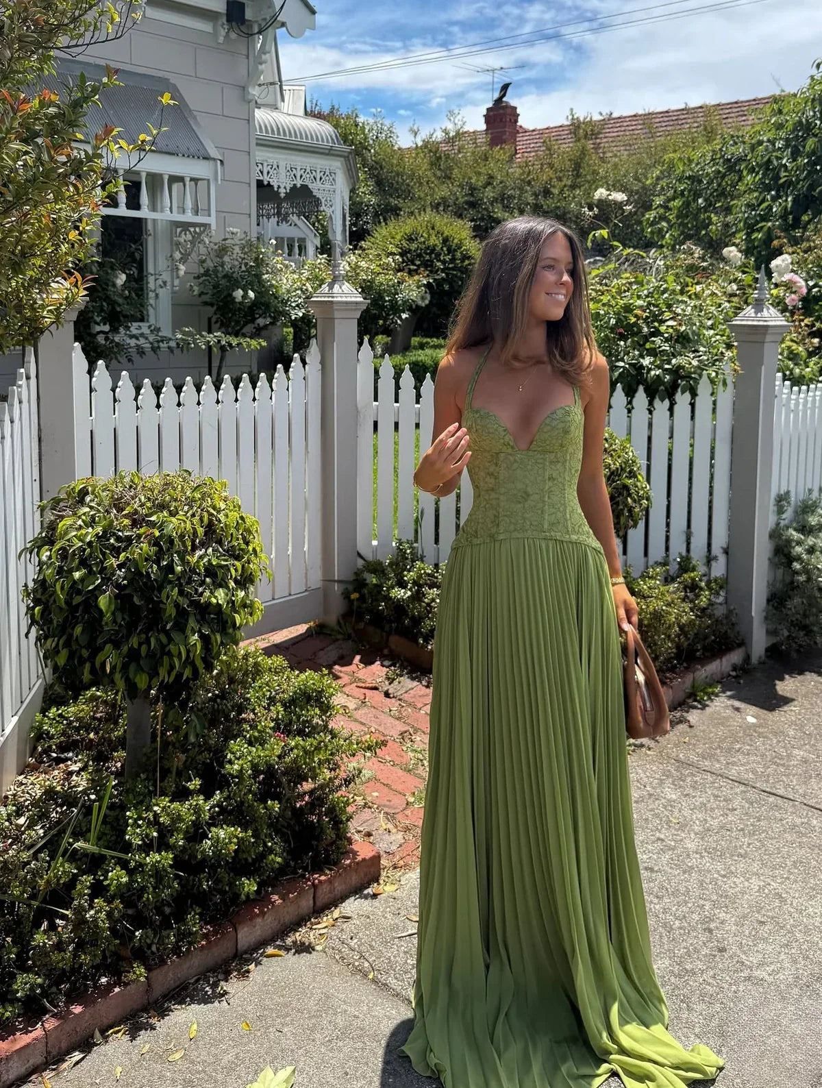 Women's Pleated Maxi Dress with Lace Halter Bodice