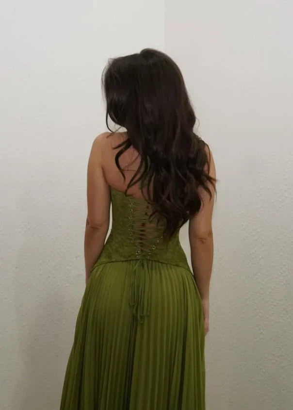 Women's Pleated Maxi Dress with Lace Halter Bodice