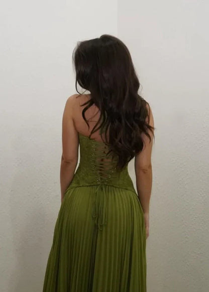 Women's Pleated Maxi Dress with Lace Halter Bodice