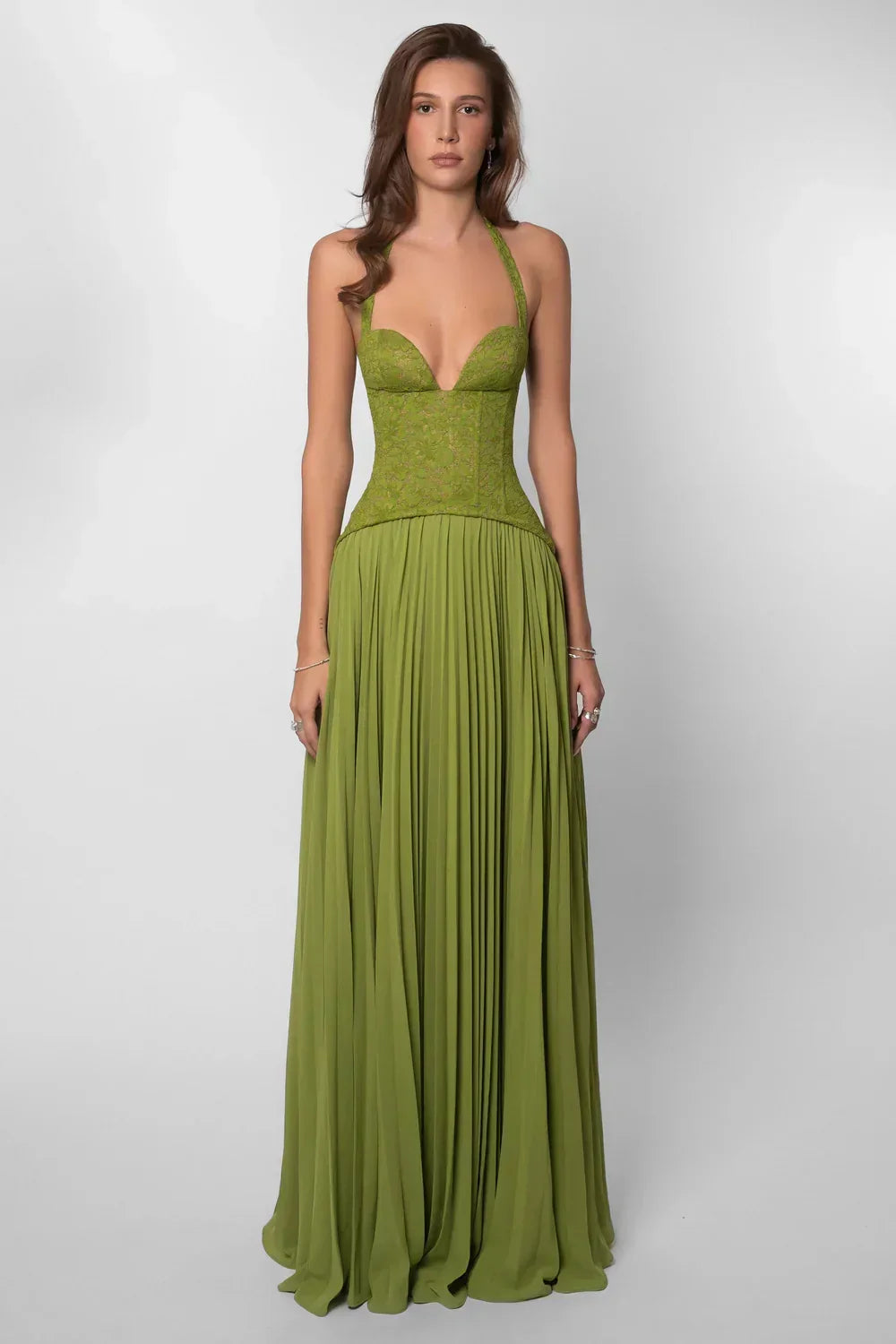 Women's Pleated Maxi Dress with Lace Halter Bodice