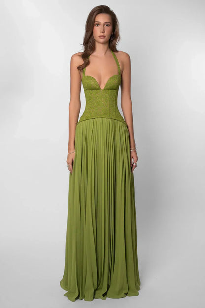 Women's Pleated Maxi Dress with Lace Halter Bodice