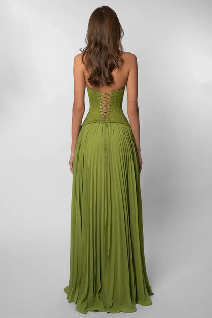 Women's Pleated Maxi Dress with Lace Halter Bodice