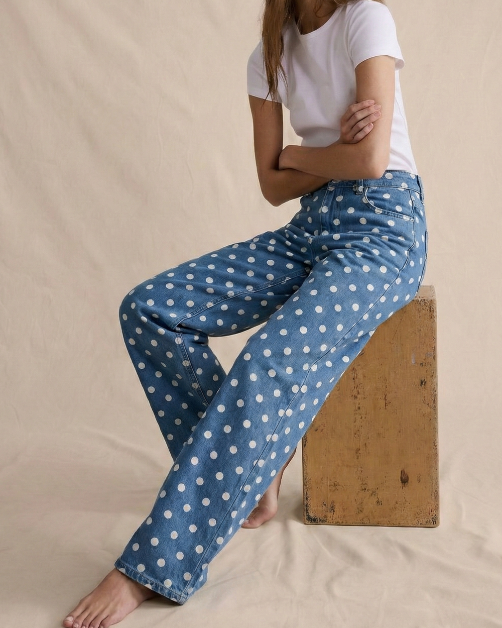 Women's Polka Dot Wide-Leg Jeans-12