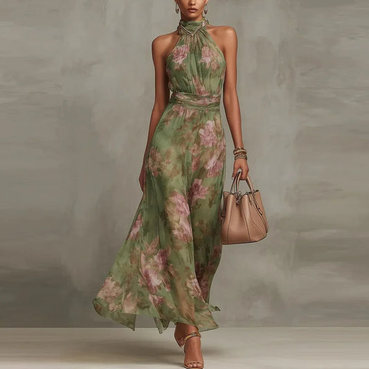 Women's Printed Halter Maxi Dress with High Neck