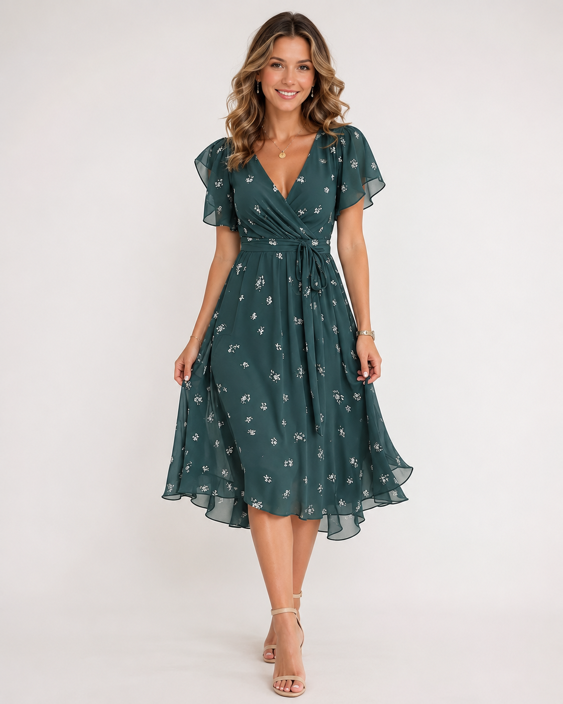 Women's Printed Wrap Midi Dress with Flutter Sleeves