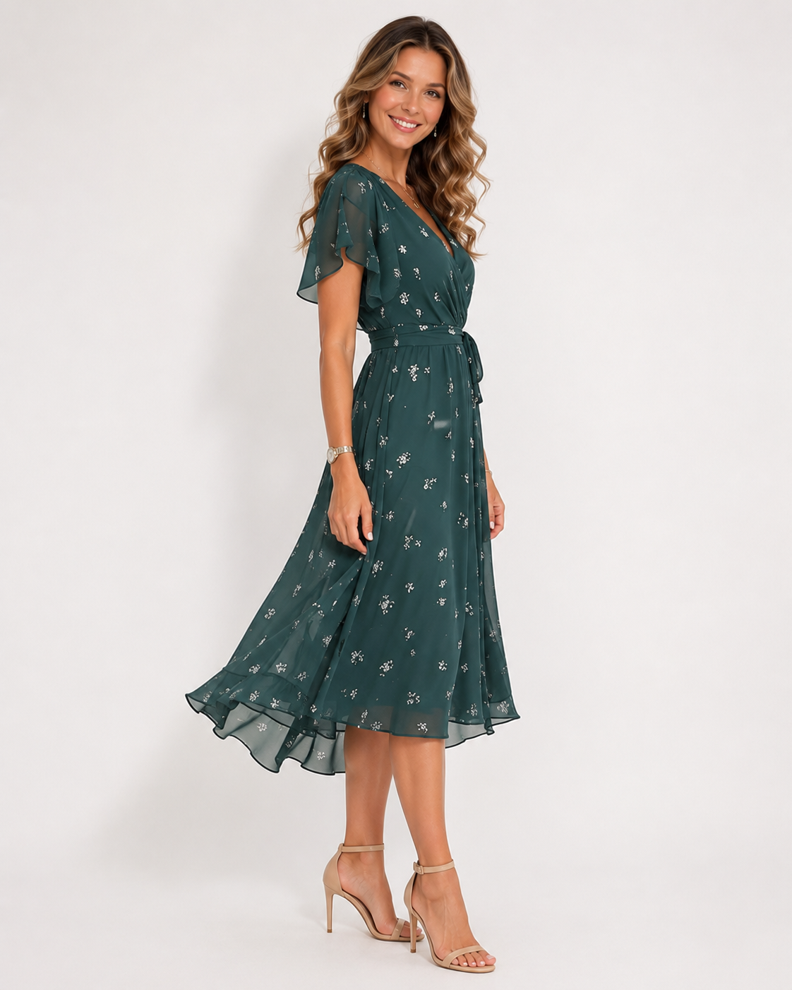 Women's Printed Wrap Midi Dress with Flutter Sleeves – view 2