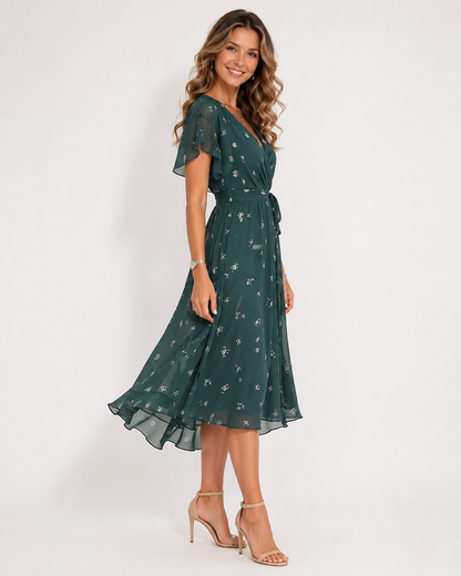 Women's Printed Wrap Midi Dress with Flutter Sleeves – view 2