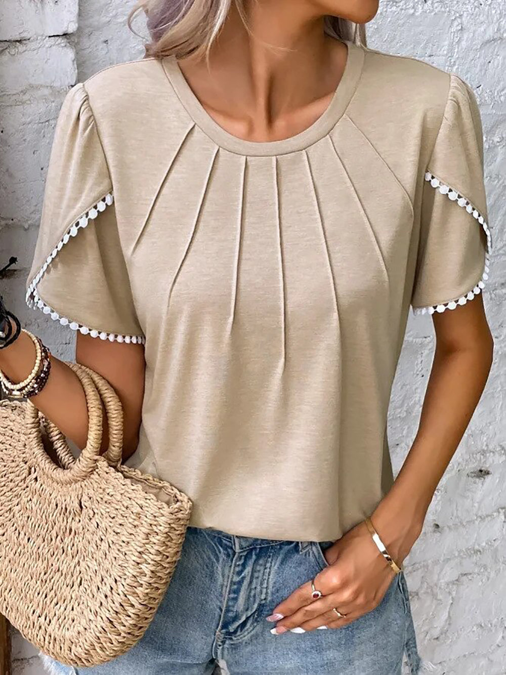 Women's Puff Sleeve Top with Pearl Trim Detail-2