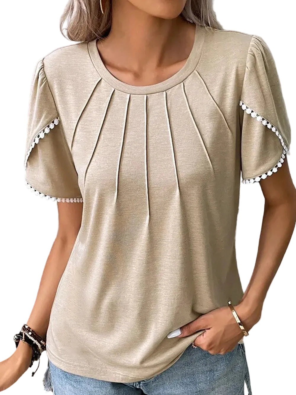 Women's Puff Sleeve Top with Pearl Trim Detail-1